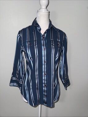 New York & Company Navy Blue Striped Button-Down Blouse